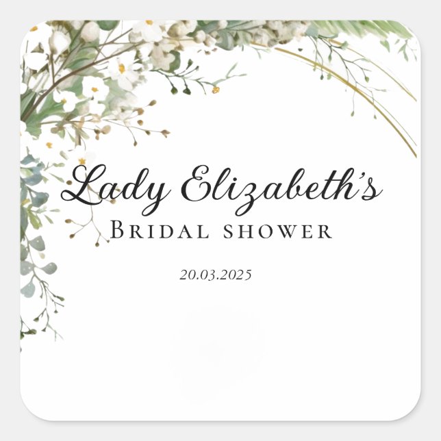 Pegatina Cuadrada Presupuesto Flores Púrpuras Bridal Shower de Bridg (Anverso)