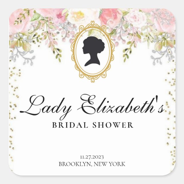 Pegatina Cuadrada Presupuesto flores rosadas para Desayuno Nupcial d (Anverso)