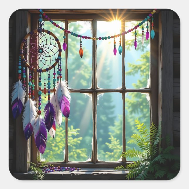 Pegatina Cuadrada Pretty Boho Purple Dreamcatcher in Window   (Anverso)