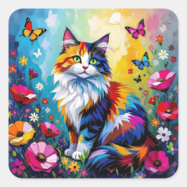 Pegatina Cuadrada Pretty Colorful Impasto Cat and Flowers