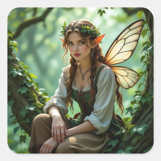 Pegatina Cuadrada Pretty Elven Fairy in Enchanted Forest (Anverso)