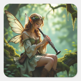 Pegatina Cuadrada Pretty Elven Fairy Playing Clarinet