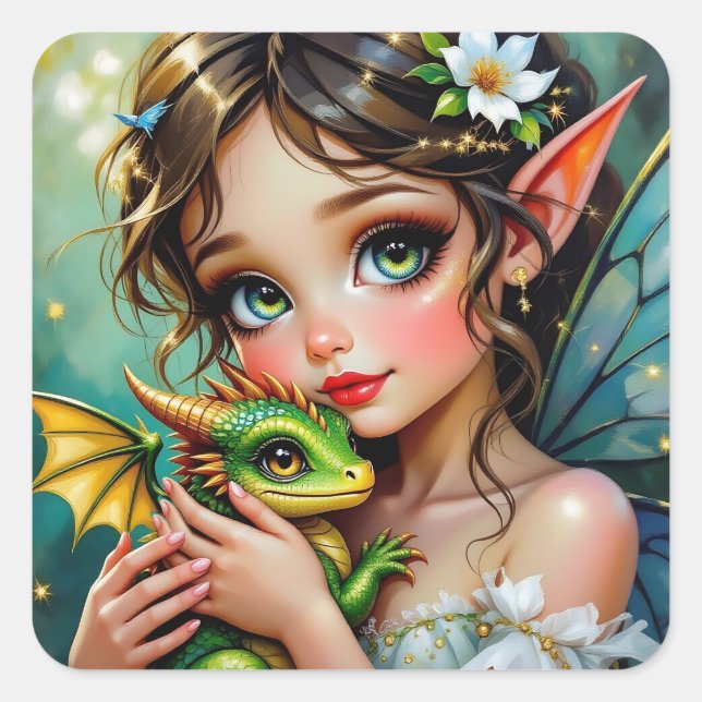 Pegatina Cuadrada Pretty  Fairy and Dragon Themed Girl's   (Anverso)