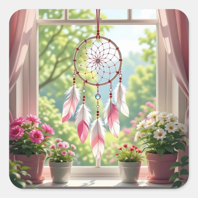Pegatina Cuadrada Pretty Pink Dreamcatcher and Plants Window Sill (Anverso)