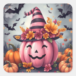Pegatina Cuadrada Pretty Pink Halloween Pumpkin Jack-o-lantern