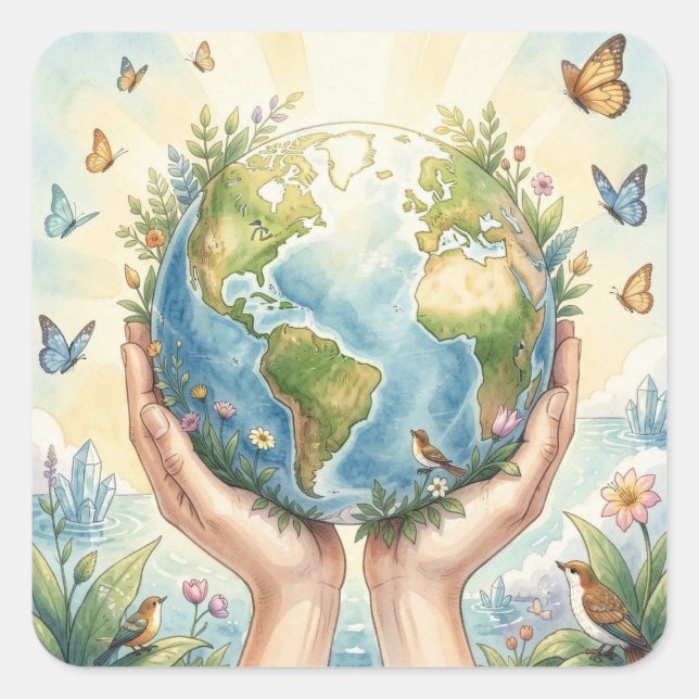 Pegatina Cuadrada Pretty Watercolor Earth, Butterflies and Birds (Anverso)