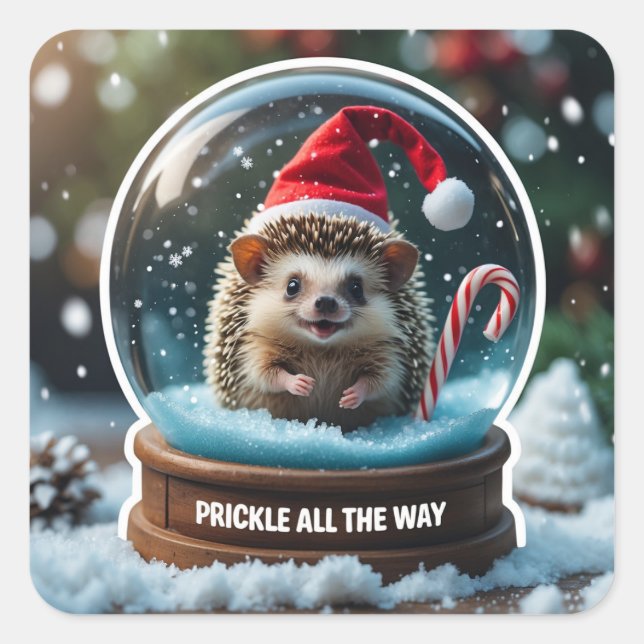 Pegatina Cuadrada Prickle All the Way – Cute Hedgehog in Snow Globe  (Anverso)