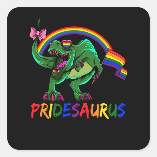 Pegatina Cuadrada Pridesaurus Pride Gay T-Rex Dino Rainbow (Anverso)