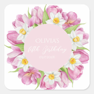 Pegatina Cuadrada Primavera Colorida Flor Niños Cumpleaños