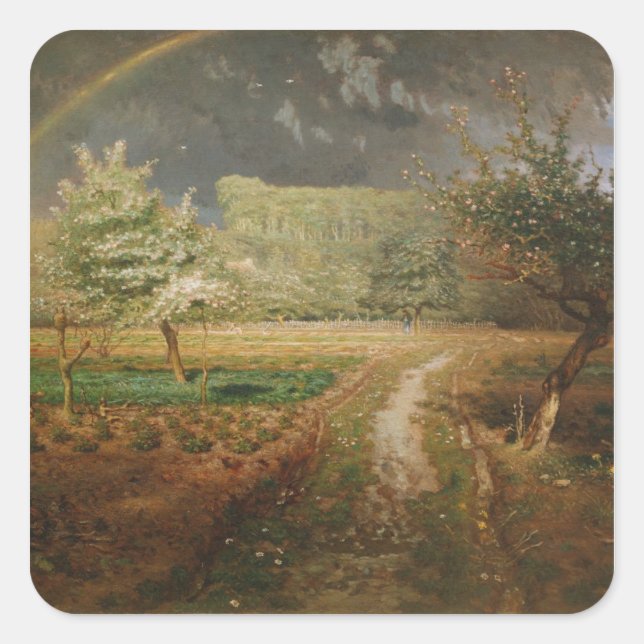 Pegatina Cuadrada Primavera en Barbizon, 1868-73 (Anverso)