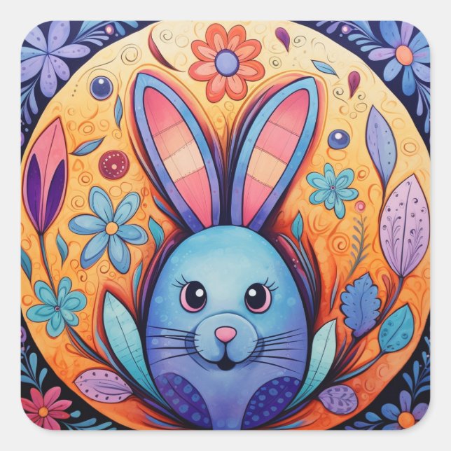 Pegatina Cuadrada Primavera floral de conejo de Pascua (Anverso)