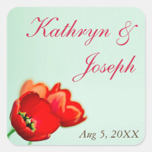 Pegatina Cuadrada Primavera tulipán rojo de menta floral favor de bo