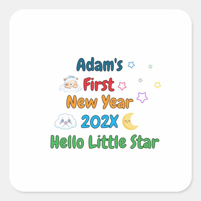 Pegatina Cuadrada Primer Año Nuevo Personalizado del Bebé – Diseño A (Anverso)