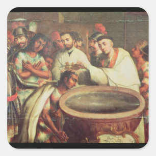 Pegatina Cuadrada Primer bautismo de los indios de los Dominicans