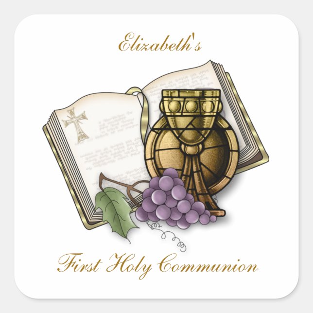 Pegatina Cuadrada Primer cáliz comunitario, biblia, uvas (Anverso)