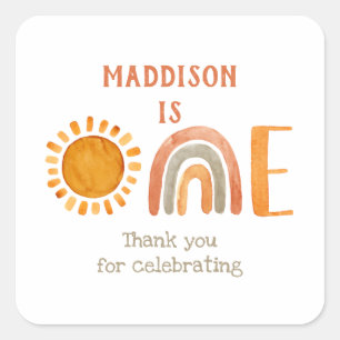 Pegatina Cuadrada Primer cumpleaños acuarela Boho arcoiris y sol  