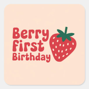 Pegatina Cuadrada Primer cumpleaños de Berry - Cute tema de fresa
