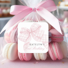 Pegatina Cuadrada Primer cumpleaños de Bow Rosado