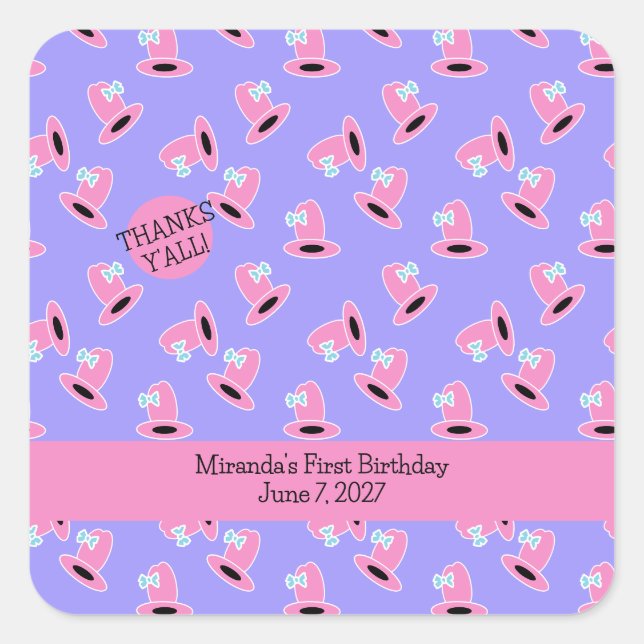 Pegatina Cuadrada Primer cumpleaños de Cowgirl (Anverso)