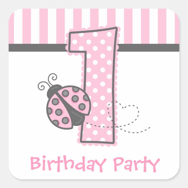 Pegatina Cuadrada Primer cumpleaños de Pink Ladybug (Anverso)