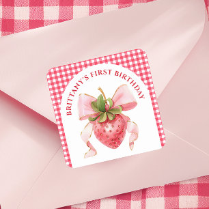 Pegatina Cuadrada Primer cumpleaños de Red Gingham Berry