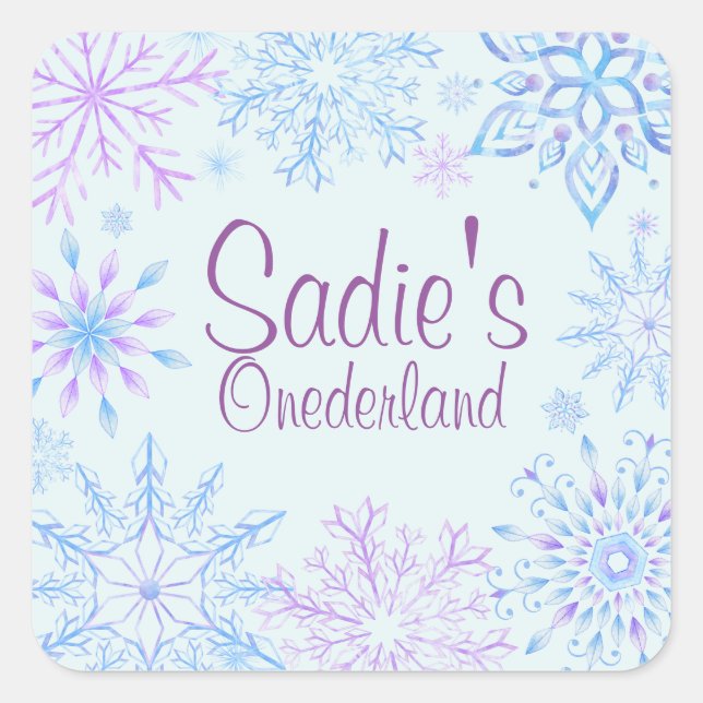 Pegatina Cuadrada Primer cumpleaños de Snowflake One-Derland (Anverso)