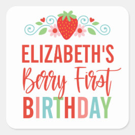 Pegatina Cuadrada Primer cumpleaños de Strawberry Berry