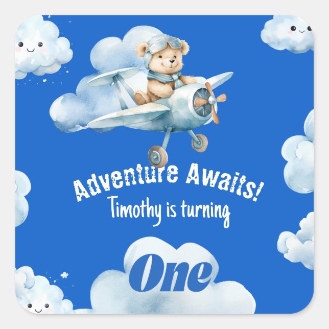 Pegatina Cuadrada Primer cumpleaños de Teddy Bear trazando un curso (Anverso)