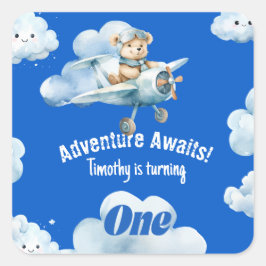 Pegatina Cuadrada Primer cumpleaños de Teddy Bear trazando un curso