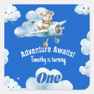 Pegatina Cuadrada Primer cumpleaños de Teddy Bear trazando un curso