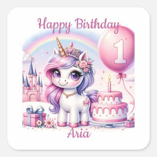 Pegatina Cuadrada Primer cumpleaños de Unicornio con pastel de cumpl (Anverso)