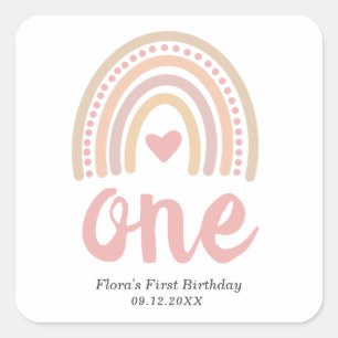 Pegatina Cuadrada Primer cumpleaños del Chica Boho Rainbow Heart Cut