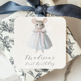 Pegatina Cuadrada Primer cumpleaños del ratón de cumpleaños de un ca