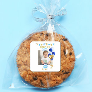 Pegatina Cuadrada Primer Cumpleaños Niño Foto Globo Azul Dorado Lind