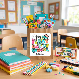 Pegatina Cuadrada Primer día de escuela colorido elemental retro
