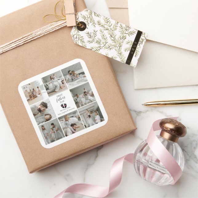 Pegatina Cuadrada Primer Día del Padre - Huellas de bebé y corazones (Regalar)