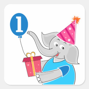 Pegatina Cuadrada Primer elefante de cumpleaños con globo