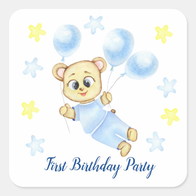 Pegatina Cuadrada Primer Fiesta de Birthday Boy (Anverso)