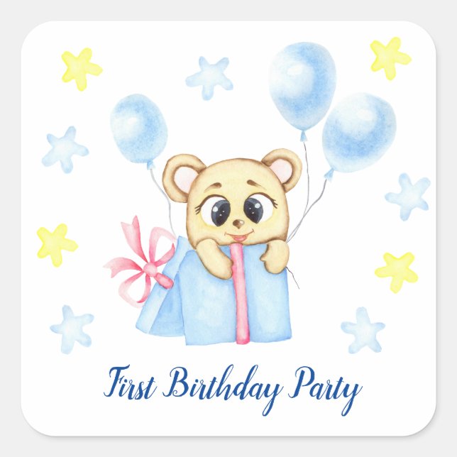 Pegatina Cuadrada Primer Fiesta de Birthday Boy (Anverso)