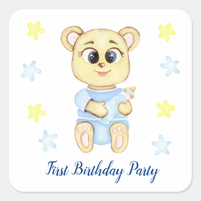 Pegatina Cuadrada Primer Fiesta de Birthday Boy (Anverso)