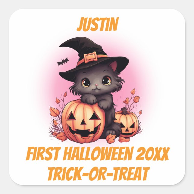 Pegatina Cuadrada Primer Kitten de Halloween (Anverso)