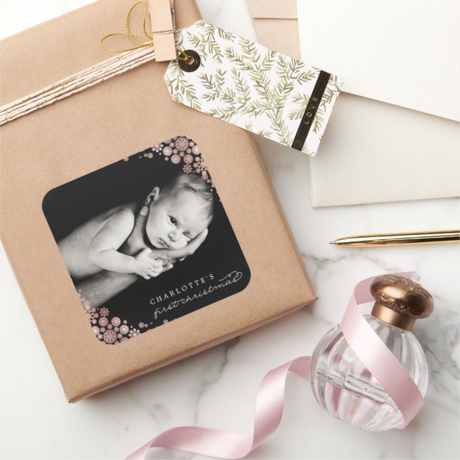 Pegatina Cuadrada Primer Navidad del Bebé Copos de Nieve de Invierno (Regalar)