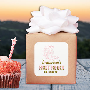 Pegatina Cuadrada Primer Rodeo Botas de Vaquera Rosa Cumpleaños 1