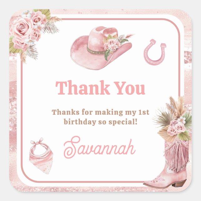 Pegatina Cuadrada Primer rodeo del Boho rosado, primer cumpleaños (Anverso)