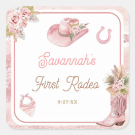 Pegatina Cuadrada Primer rodeo del Boho rosado, primer cumpleaños