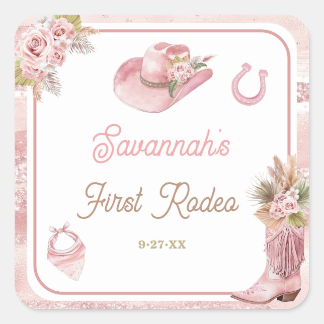 Pegatina Cuadrada Primer rodeo del Boho rosado, primer cumpleaños (Anverso)