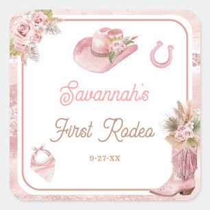 Pegatina Cuadrada Primer rodeo del Boho rosado, primer cumpleaños