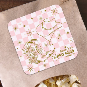 Pegatina Cuadrada Primer Rodeo Rosa Botas de Vaquera Marrón Sombrero