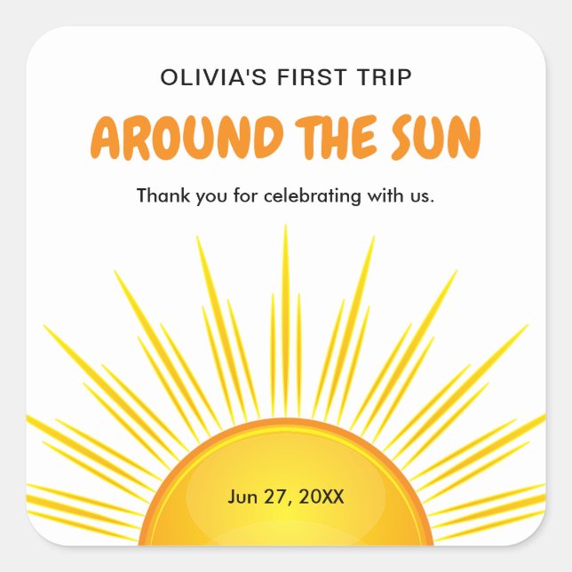 Pegatina Cuadrada Primer viaje alrededor del domingo 1er cumpleaños  (Anverso)