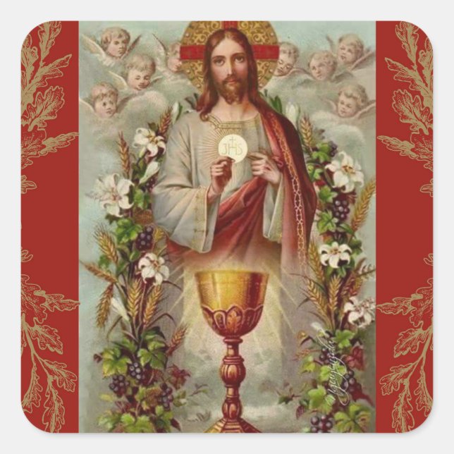 Pegatina Cuadrada Primera Comunidad Sagrada Jesús Calice Flores (Anverso)
